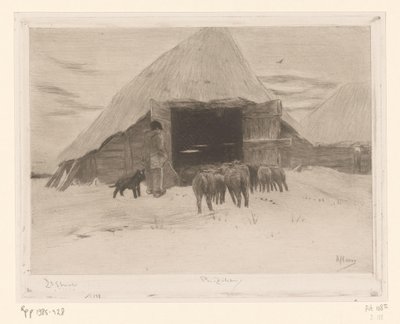Herder leidt een kudde schapen een schuur in door Philip Zilcken (signed by artist)