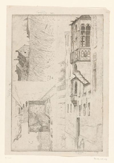 Korenveld met huizen en twee gezichten op huizen in een stad door Philip Zilcken (signed by artist)
