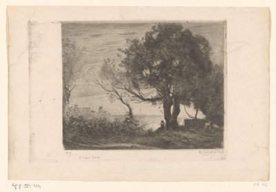 Landschap met fluitspeler onder een boom en silhouet van een stad door Philip Zilcken (signed by artist)