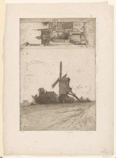 Molen in weidelandschap en gezicht in de Ravensteinstraat te Brussel door Philip Zilcken (signed by artist)