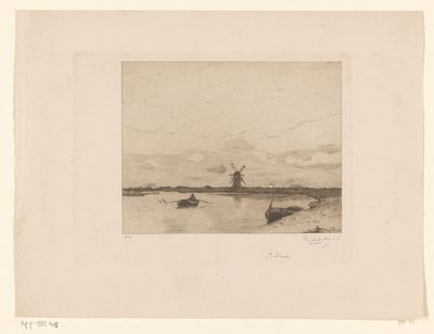 Vaart met roeiboot in weidelandschap met molen door Philip Zilcken (signed by artist)