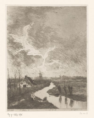 Weidelandschap met sloot, boerderij en molens door Philip Zilcken (signed by artist)