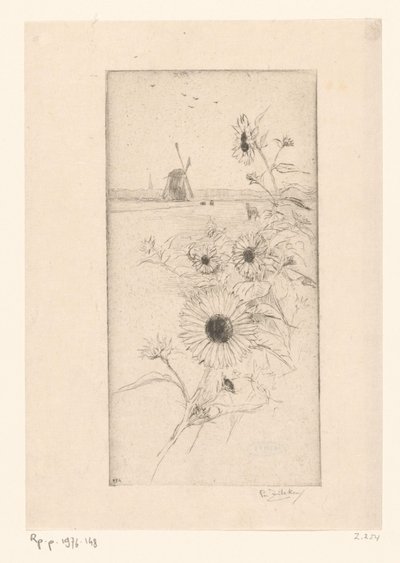 Zonnebloemen voor een weidelandschap met paarden en molen door Philip Zilcken (signed by artist)