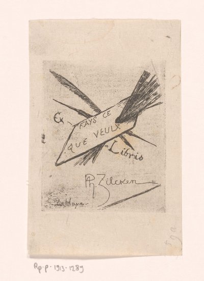 Ex libris met pennen, kwasten en palet door Philip Zilcken