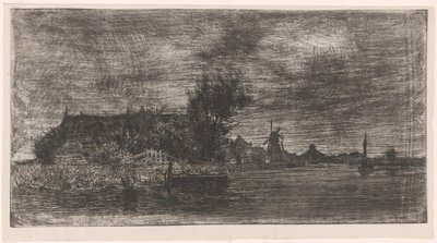 Landschap met huizen en molen aan het water door Philip Zilcken