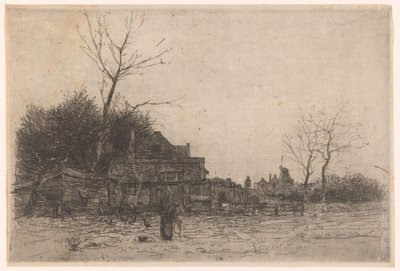 Oude vrouw in een veld bij een boerderij door Philip Zilcken