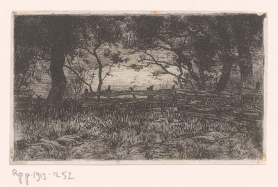 Weiland met hek en bomen door Philip Zilcken