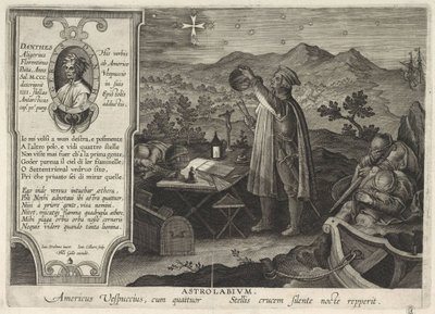 Amerigo Vespucci ontdekt het Zuiderkruis met een astrolabium Americae Retectio door Philipp Galle