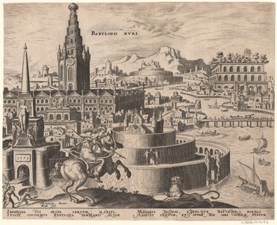 Die Mauern von Babylon uit de serie De Achtste Wonderen van de Wereld Na Maarten van Heemskerck, 1572 door Philipp Galle