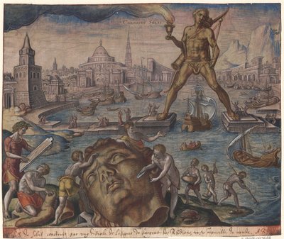 De Kolossus van Rhodos uit de serie De Acht Wereldwonderen naar Maarten van Heemskerck, 1572 door Philipp Galle