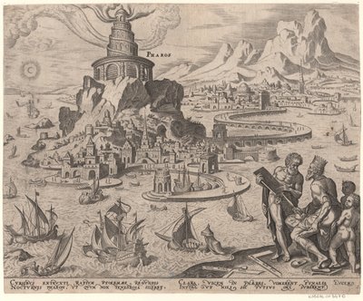 De vuurtoren van Alexandrië uit de serie De Acht Wereldwonderen Na Maarten van Heemskerck, 1572 door Philipp Galle