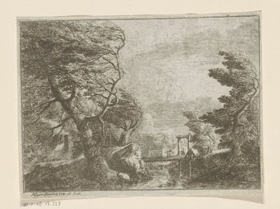 Stormachtig landschap met bomen naast een brug over een rivier door Philipp Hieronymus Brinckmann