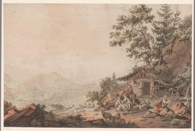 Familie bij een huis in de bergen door Philipp Jacques Loutherbourg (I) (attributed to)