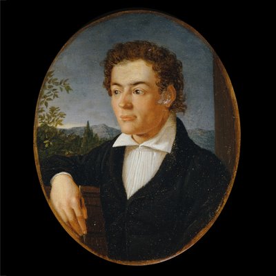 Borstbeeld van een jonge man voor een avondlandschap door Philipp Otto Runge