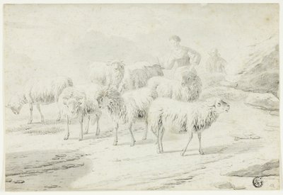 Herderin en schapen door Philipp Peter Roos