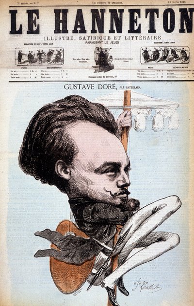 Gustave Doré. Franse tekenaar en schilder (1832 tot 1883). Spotprent door Cattelain. De Hanneton 1868 door Philippe Auguste Cattelain