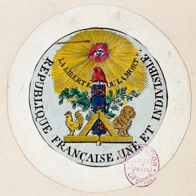 Franse Revolutie: zegel versiert met symbolen van de Republiek en de vrijmetselarij door Philippe Auguste Hennequin