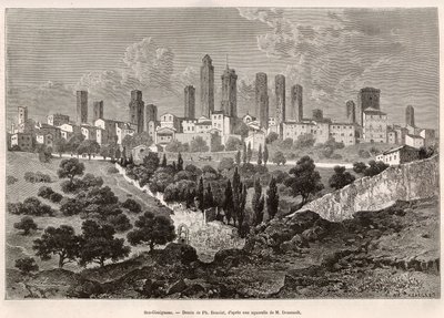Uitzicht op San Gimignano (Toscane, Italië). Gravure naar de tekening van Ph. Benoist, ter illustratie van de reis naar Toscane en Umbrië, door Francis Wey, in 1875, gepubliceerd in 