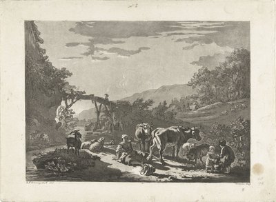 Landschap met melkmeisje en houten brug door Philippe Cardon