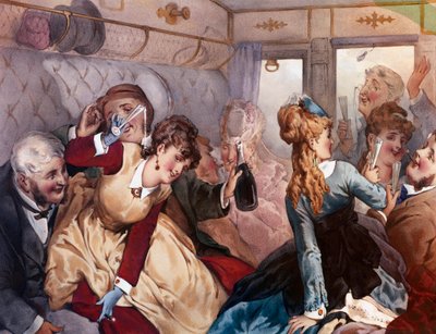 De plezier trein Een groep bourgeois die drinken en zich vermaken in een wagon. Lithografie door Philippe Jacques Linder door Philippe Jacques Linder