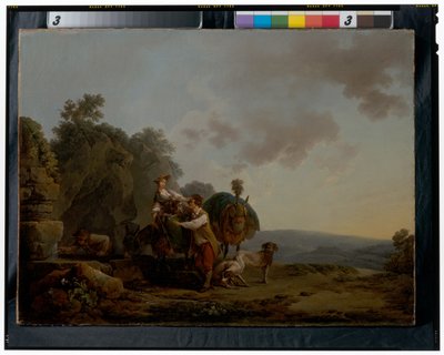 Reizigers met honden en zwaar beladen muilezels bij een put door Philippe Jacques de Loutherbourg