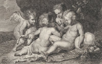 Een groep van drie kinderen en een putto met fruit en een lam, ca. 1760-1801 door Philippe Lambert Joseph Spruyt