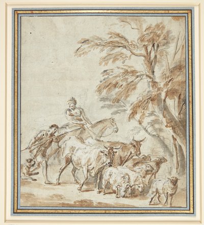 Herders met Koeien en Schapen. Links een Herder met een Staf, naast hem een Herder te Paard. Rechts Bomen door Philippe Louis Parizeau