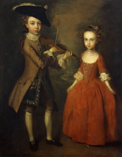 De Archbold Kinderen: Een Groepsportret van een Kleine Jongen, Volledig Gekleed in een Beige Jas, Donkerblauw Goudgeborduurd Vest, en Driehoekige Hoed, en zijn Zus, Volledig Gekleed in een Rode Jurk, met Bloemen in Haar Haar, Voorbereidend om te Spelen door Philippe Mercier