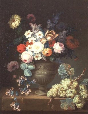 Stilleven van bloemen in een klassieke vaas met een tros druiven door Philippe Parpette