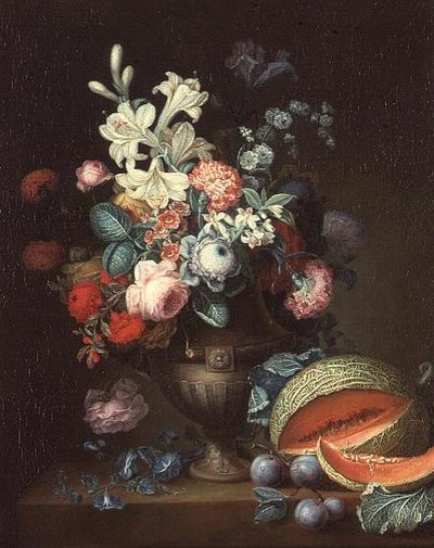 Stilleven van bloemen in een klassieke vaas met een gesneden meloen door Philippe Parpette