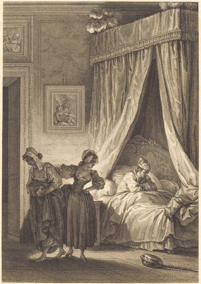 De weddenschap van de drie kletskousen: De dienstmeid door Philippe Triere and Antoine Jean Duclos after Jean Honoré Fragonard