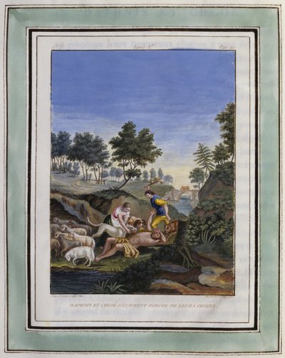 Daphnis en Chloe bevrijden Dorcon van hun honden. Tekening van Philippe d