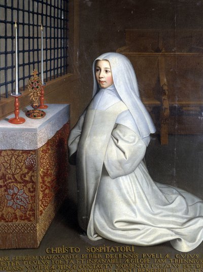 Portret van Marguerite Périer, inwoner van het klooster van Port Royal des Champs en nicht van Pascal ("Aan Christus de Verlosser: Marguerite Périer, een 10-jarig meisje wiens linkeroog werd genezen door contact met de versterkende doorn") door Philippe de (attr. to) Champaigne