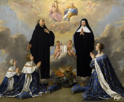 Anna van Oostenrijk met haar kinderen, biddend tot de Heilige Drie-eenheid met de heiligen Benedictus en Scholastica door Philippe de Champaigne
