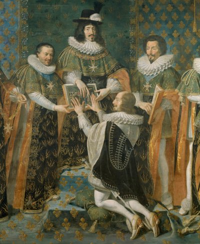 Lodewijk XIII verwelkomt de hertog van Longueville in de Orde van de Heilige Geest door Philippe de Champaigne