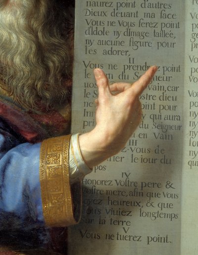 Mozes en de tafelen van de Wet, detail van de hand van Mozes die de tien geboden toont door Philippe de Champaigne
