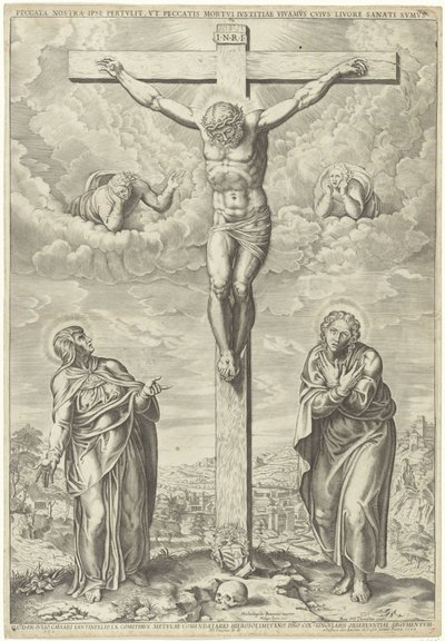 Christus aan het kruis geflankeerd door Maria en Johannes in een landschap door Philippe de Soye