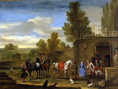 Ruitergroep buiten de muren van een kasteel door Philips (attr.) Wouwermans or Wouvermans