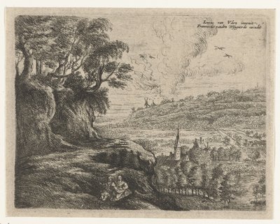 Landschap met een man, vrouw en kind door Philips Augustijn Immenraet