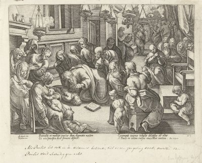 Paulus wekt Eutychus terug tot leven door Philips Galle (workshop of)
