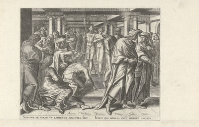 Christus en de overspelige vrouw door Philips Galle