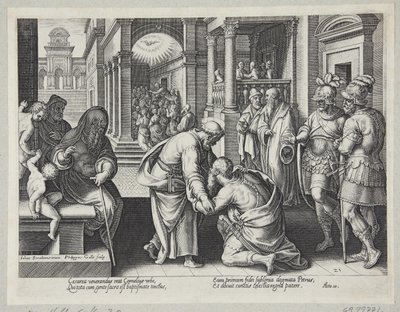 Cornelius knielt voor St. Peter door Philips Galle