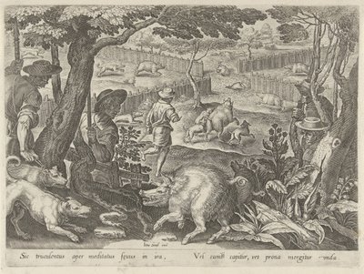 Drijfjacht op zwijnen (Jachttaferelen) door Philips Galle