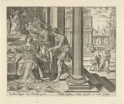 Ester hoort van haar dienstmeisjes dat Mordekai rouwkleren draagt Geschiedenis van Ester door Philips Galle