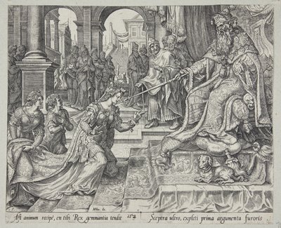 Esther voor Ahasveros, hem uitnodigend voor een banket door Philips Galle