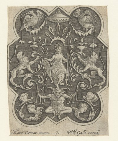 Gehelmde vrouw met schild en speer door Philips Galle