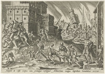 Het lichaam van de koning van Ai wordt naar de stadspoort gebracht door Philips Galle