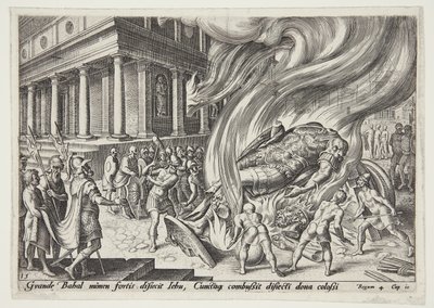 Jehu vernietigt de tempel en het beeld van Baäl door Philips Galle