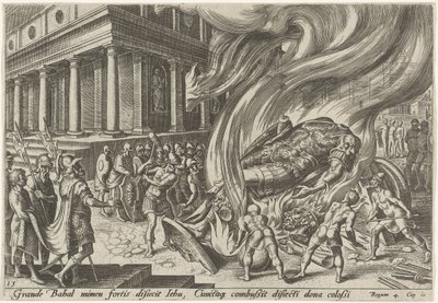 Jehu verwoest de tempel en het beeld van Baal door Philips Galle