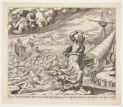 Jona vlucht voor de aanwezigheid van de Heer door Philips Galle